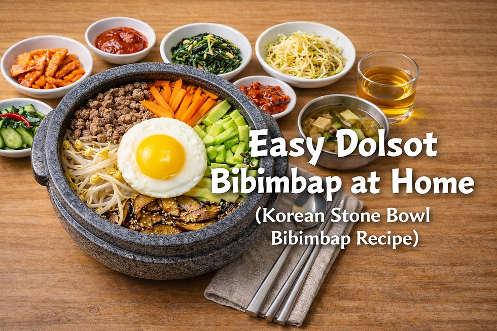 Thumbnail image of Dolsot bibimbap served in a stone bowl with rice, vegetables, ground beef, and a sunny-side-up egg
