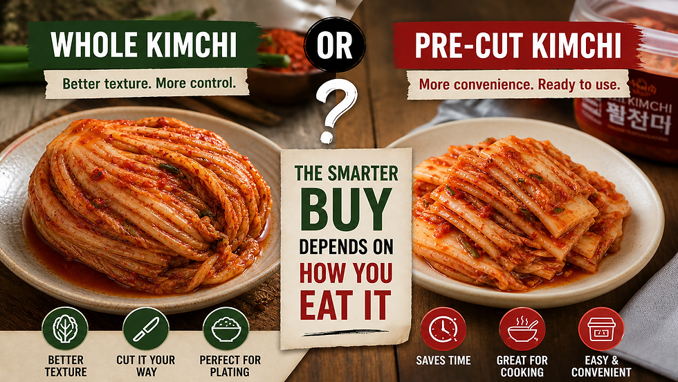 Side-by-side comparison of whole napa cabbage kimchi and pre-cut kimchi on ceramic plates, with text explaining that the smarter buy depends on how you eat it.