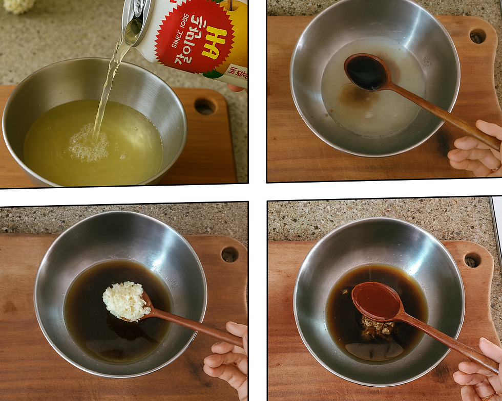 Collage: making bulgogi marinade with 갈아만든배, soy sauce, minced garlic, and sugar.