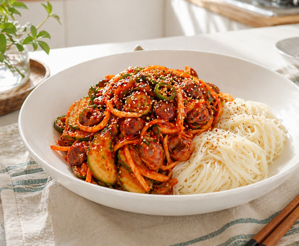 A large white bowl of spicy golbaengi muchim is served with neatly bundled somyeon noodles in a bright Korean kitchen, with morning sunlight, sesame seeds, and fresh vegetables adding a warm, homey feel.