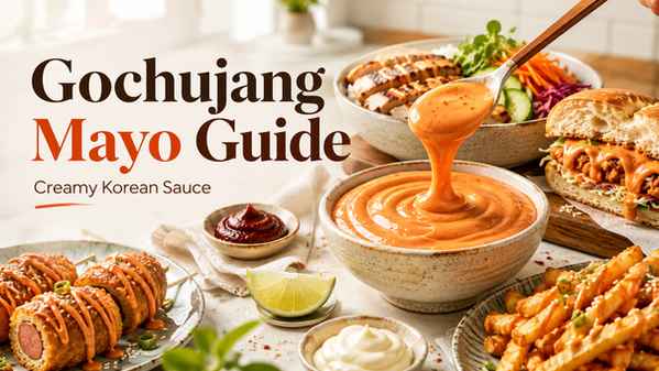 Bright Korean food thumbnail showing creamy gochujang mayo in a bowl with a spoon drizzle, served with rice bowls, a sandwich, fries, corn dogs, lime, mayo, and gochujang.