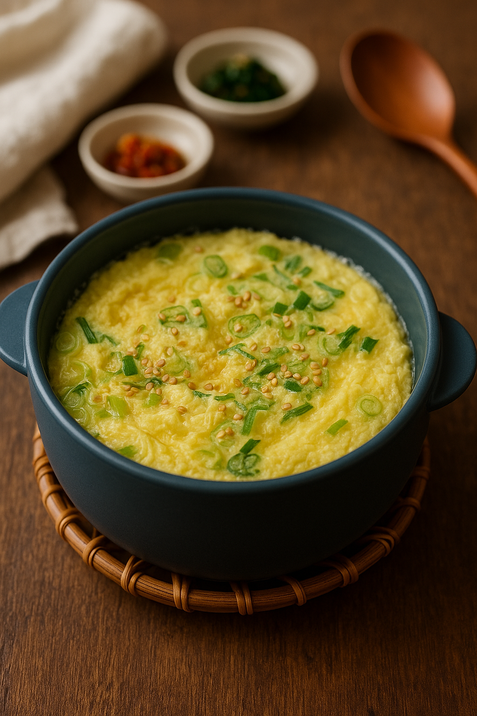 “Finished dish: blue casserole of microwave Korean steamed eggs, garnished with scallions and sesame on a rattan trivet.”