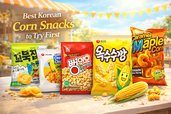 Best Korean corn snacks to try first featuring Orion Turtle Chips, Crown corn chips, Bbongyo corn snacks, classic corn puffs, and caramel maple corn with whole corn on a bright outdoor background