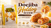 Bright Doejiba hotdog review thumbnail showing a yellow mozzarella cheese and potato hotdog package, crispy potato-coated Korean hot dogs with melted cheese pull, ketchup and mustard, and title text asking if it is worth buying.