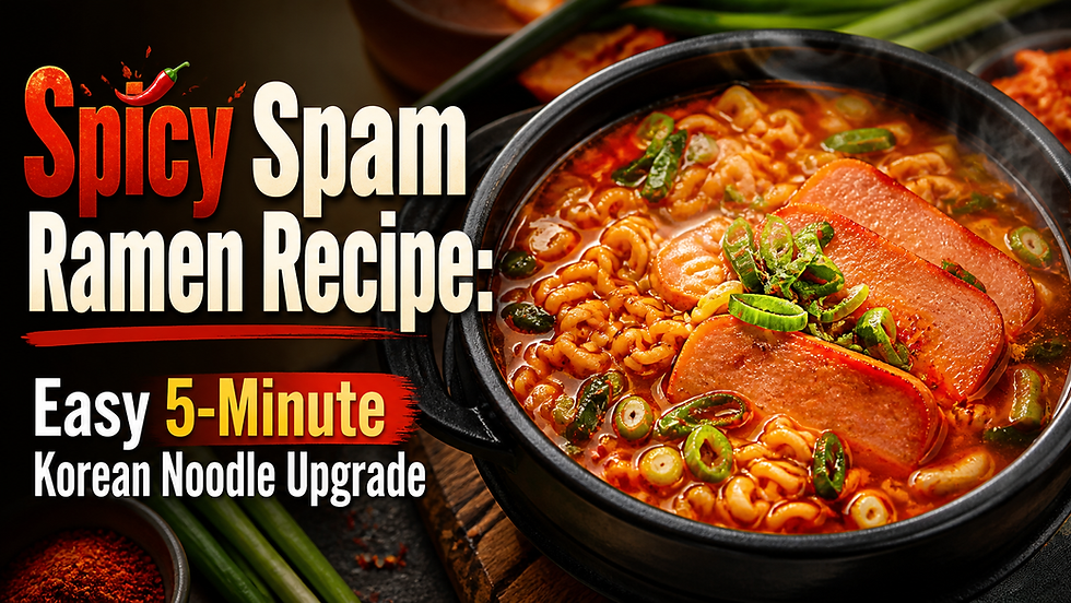 Commercial thumbnail for “Spicy Spam Ramen Recipe: Easy 5-Minute Korean Noodle Upgrade,” featuring a steaming black pot of red spicy ramen topped with sliced Spam and green onions, with bold headline text on the left and a warm, dramatic Korean food styling scene.