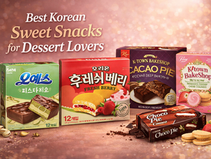 Best Korean sweet snacks display featuring pistachio chocolate cake, Orion Fresh Berry cake, cacao pie, choco pie, and strawberry cream crackers on a warm dessert-themed background