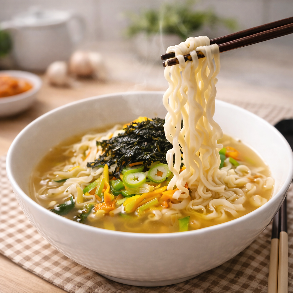 Close-up of Nongshim Myeolchi Kalguksu in a white bowl, with chopsticks lifting glossy wavy noodles above a light golden broth topped with green onion, vegetables, and shredded seaweed in a warm modern kitchen.