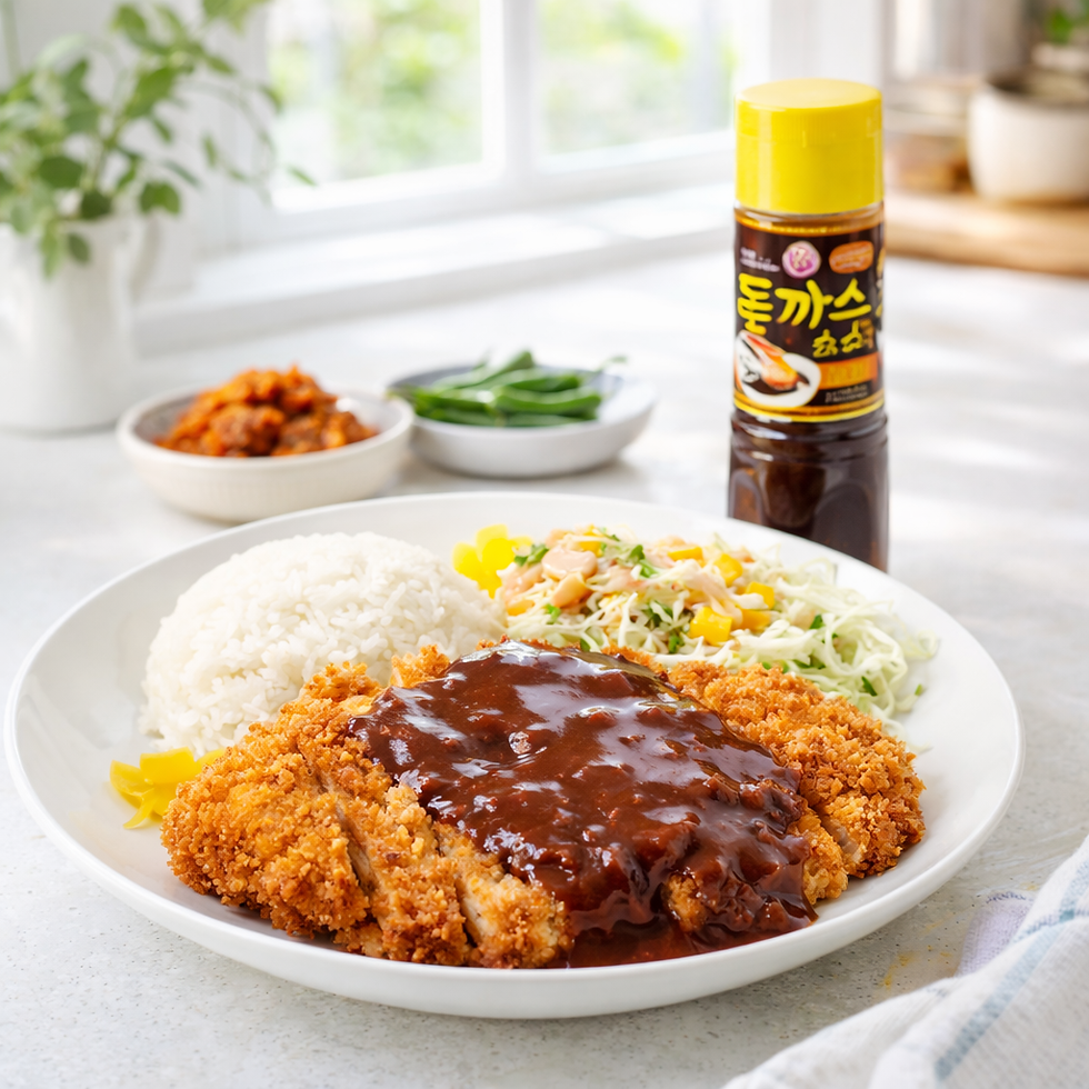 Bright Korean kitchen morning product scene featuring Otoki Pork Cutlet Curry Sauce in a dark bottle with a yellow cap, styled beside a plate of crispy pork cutlet with glossy brown sauce, white rice, shredded cabbage salad, and yellow pickles on a clean light countertop.