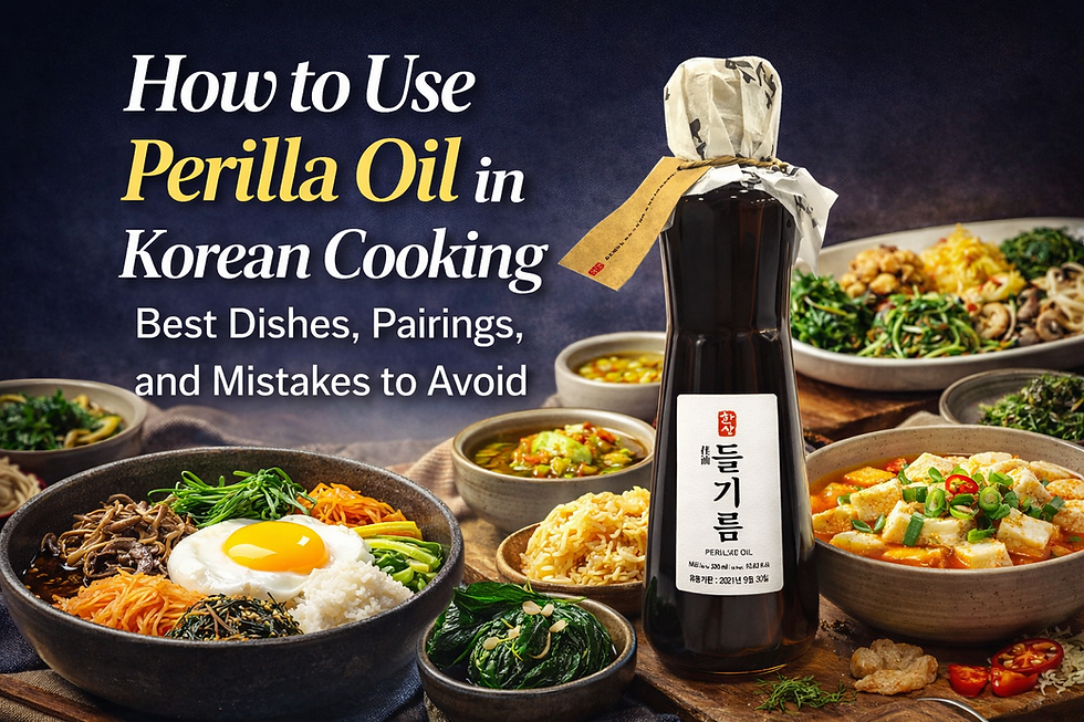 Premium Korean cooking blog thumbnail featuring a bottle of perilla oil surrounded by bibimbap, tofu stew, seasoned greens, mushrooms, and rice dishes, with the headline “How to Use Perilla Oil in Korean Cooking: Best Dishes, Pairings, and Mistakes to Avoid.”