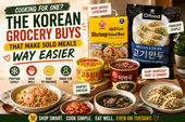 Landscape thumbnail for “Cooking for One,” featuring Dongwon Hot Pepper Tuna, Ottogi Shrimp Fried Rice, and O’Food Pork & Vegetable Dumplings with prepared solo meal dishes, rice, dumplings, and bold Korean grocery buys text.