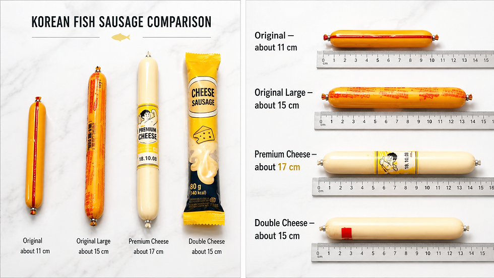 Korean fish sausage comparison chart showing original, original large, premium cheese, and double cheese fish sausages with rulers and English size labels.