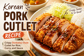 Korean pork cutlet recipe thumbnail with sliced crispy donkatsu-style pork cutlet, rice, shredded cabbage, curry, and sauce on a bright tabletop.
