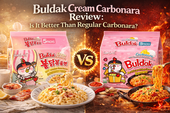 Comparison thumbnail for MyFreshDash featuring Buldak Cream Carbonara on the left and regular Buldak Carbonara on the right with the headline “Buldak Cream Carbonara vs Regular” and a dramatic VS design.