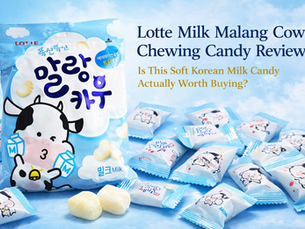 Thumbnail for a review of Lotte Milk Malang Cow Chewing Candy showing the blue LOTTE Malang Cow candy bag on the left, individually wrapped milk candies and two soft cream-colored candies on a light blue cloud-themed background, with headline text asking whether the soft Korean milk candy is worth buying.