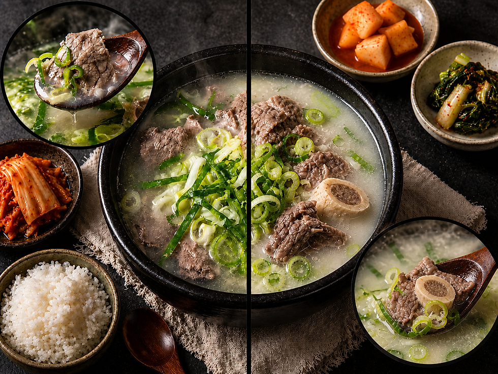 Korean beef bone soup in a black stone bowl with scallions, sliced beef, a small bone piece, rice, kimchi, and side dishes, with circular close-up views of the soup.
