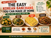 Premium Korean banchan thumbnail featuring oi muchim cucumber salad, simple namul, long oval gyeran mari slices, and myeolchi bokkeum anchovies on a bright morning tabletop with bold “Easy Korean Banchans” title text.