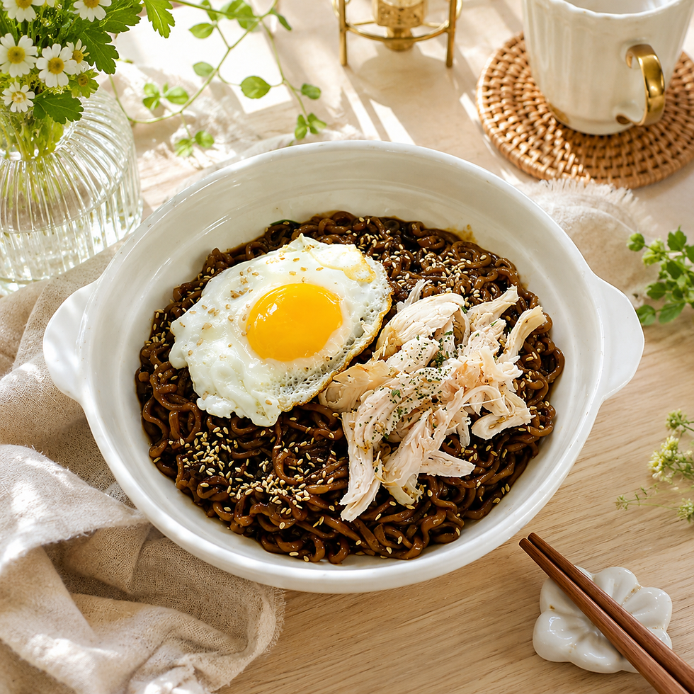Square image of dark jajang-style ramen served in a white bowl on a bright morning table, topped with a sunny-side-up egg, shredded chicken, sesame seeds, and green seasoning. The scene uses soft natural light, a clean wooden background, fresh greenery, chopsticks, and cozy table decor.
