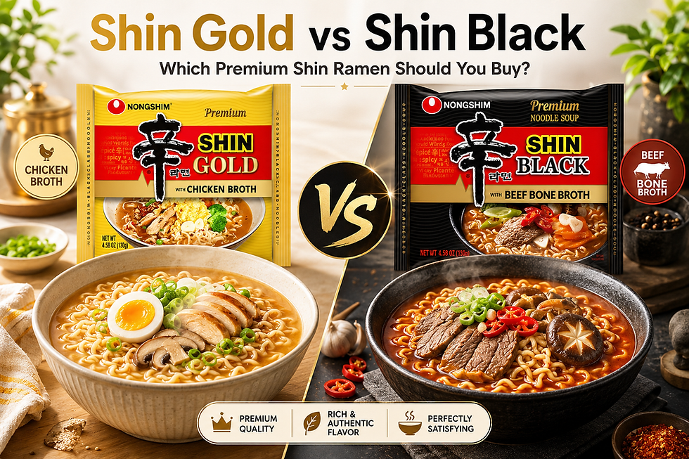 Bright comparison thumbnail showing Shin Gold and Shin Black ramen side by side, with premium packaging, steaming bowls of chicken broth and beef bone broth ramen, and headline text reading “Shin Gold vs Shin Black: Which Premium Shin Ramen Should You Buy?”