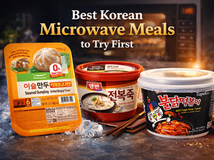 Best Korean microwave meals to try first featuring Pulmuone steamed dumplings, abalone porridge, and spicy Buldak tteokbokki in a warm kitchen setting