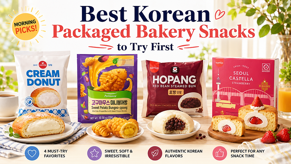Best Korean packaged bakery snacks thumbnail featuring Cream Donut, sweet potato bungeo-ppang, red bean hopang, and strawberry Seoul Castella with matching plated snacks in a bright premium morning kitchen layout.