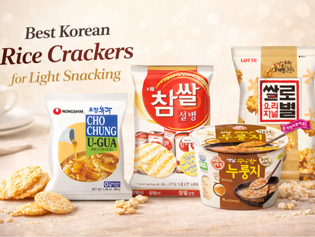 Best Korean rice crackers for light snacking featuring Nongshim Cho Chung U-Gua, chamssal rice crackers, nurungji rice snack cup, and Lotte rice puffs on a clean neutral background