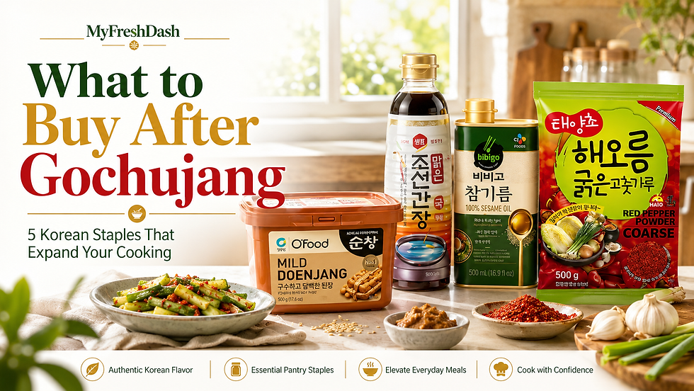 Bright Korean pantry staples thumbnail showing doenjang, soy sauce, sesame oil, red pepper powder, garlic, scallions, seasoned cucumbers, and bold title text about what to buy after gochujang.