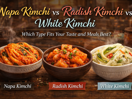 Premium MyFreshDash thumbnail comparing napa kimchi, radish kimchi, and white kimchi in elegant bowls with bold editorial text and a warm Korean food setting.