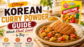 Wide landscape thumbnail titled “Ottogi Korean Curry Powder Guide,” showing a bright Korean curry rice plate with glossy golden curry sauce, potatoes, carrots, white rice, and crispy sliced katsu. The updated design includes the Ottogi Vermont Curry Gold Hot package in the background and bottom guide text highlighting rich flavor, easy cooking, and curry rice, katsu, and fast dinners.
