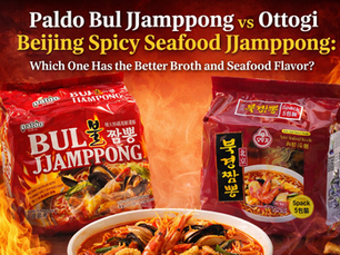 Premium comparison thumbnail with fiery red background showing Paldo Bul Jjamppong on the left and Ottogi Beijing Spicy Seafood Jjamppong on the right, with a steaming bowl of spicy seafood noodle soup in the center. Large headline text reads, “Paldo Bul Jjamppong vs Ottogi Beijing Spicy Seafood Jjamppong: Which One Has the Better Broth and Seafood Flavor?”