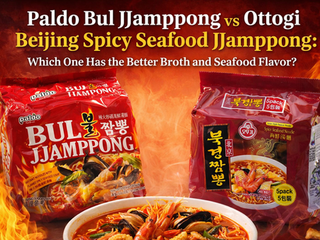Premium comparison thumbnail with fiery red background showing Paldo Bul Jjamppong on the left and Ottogi Beijing Spicy Seafood Jjamppong on the right, with a steaming bowl of spicy seafood noodle soup in the center. Large headline text reads, “Paldo Bul Jjamppong vs Ottogi Beijing Spicy Seafood Jjamppong: Which One Has the Better Broth and Seafood Flavor?”