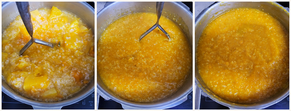 Three-panel collage showing hobakjuk cooking steps: mashing softened pumpkin and sweet rice in a pot, then stirring until the mixture thickens into golden Korean pumpkin porridge.