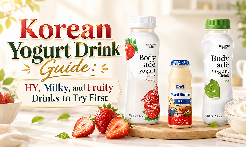 Korean Yogurt Drink Guide thumbnail featuring strawberry Body Ade, plain Maeil Biofeel, and plain Body Ade yogurt drinks in a bright premium morning kitchen layout with strawberries and yogurt accents.