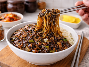 Chopsticks lifting jjajangmyeon noodles coated in black bean sauce above the bowl.