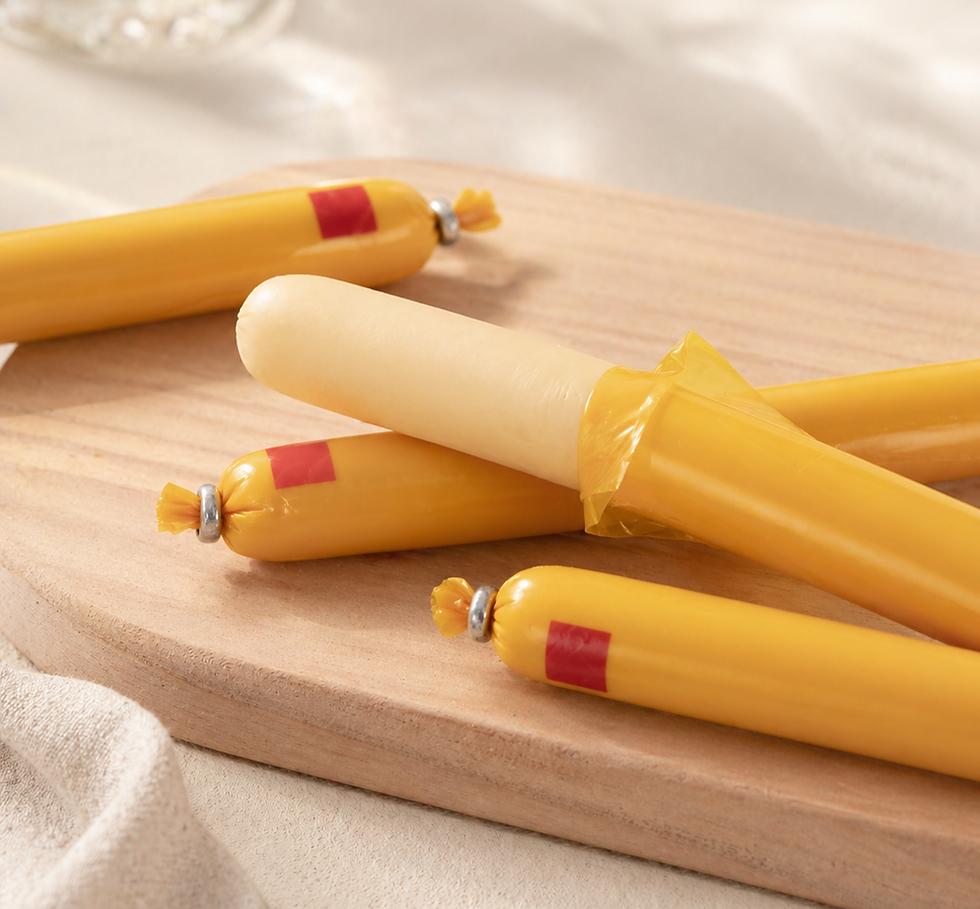 Korean fish sausages on a light wooden board, with one yellow-wrapped sausage partially peeled open to reveal the pale cream fish sausage inside.