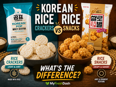 Premium Korean Rice Crackers vs Rice Snacks thumbnail comparing Gompyo Korean Pop rice crackers with Lotte rice snacks, shown with bowls of white puffed rice crackers and golden crispy rice snacks plus bold “What’s the Difference?” text.