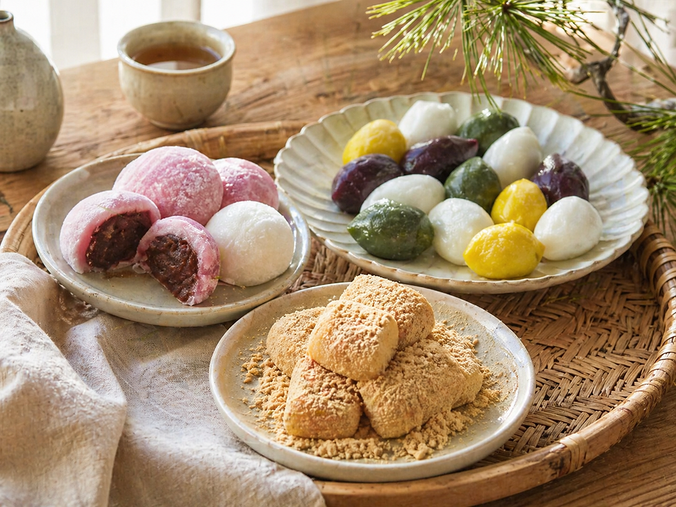 Korean dessert rice cakes served on a rustic wooden table in soft morning light, featuring pink and white chapssaltteok with red bean filling, colorful songpyeon on a ceramic plate, and injeolmi coated in roasted soybean powder on a small plate.