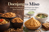 Doenjang vs Miso blog thumbnail showing rich Korean doenjang paste and stew ingredients on the left and lighter Japanese miso paste with miso soup and soybeans on the right, with a split background and large comparison title across the top.