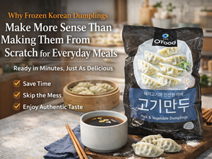 Blog thumbnail for frozen Korean dumplings featuring an O’Food Pork & Vegetable Dumplings package beside a bamboo steamer, dipping sauce, chopsticks, and cooked dumplings on a countertop, with headline text about why frozen dumplings make more sense for everyday meals.