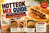 Wide landscape thumbnail titled “Hotteok Mix Guide,” featuring golden Korean sweet pancakes stacked on the right, with one hotteok cut open to show glossy brown sugar, cinnamon, and nut filling. The bright commercial kitchen scene includes pancake mix, filling ingredients, and warm dessert styling, highlighting Korean sweet pancake mix, fillings, and what to buy first.