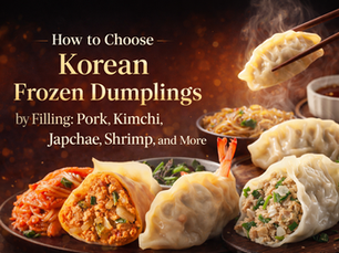 Premium blog thumbnail featuring assorted Korean dumplings with kimchi, shrimp, pork, and japchae-style fillings, styled on dark plates with elegant typography for a guide to choosing frozen dumplings by filling.