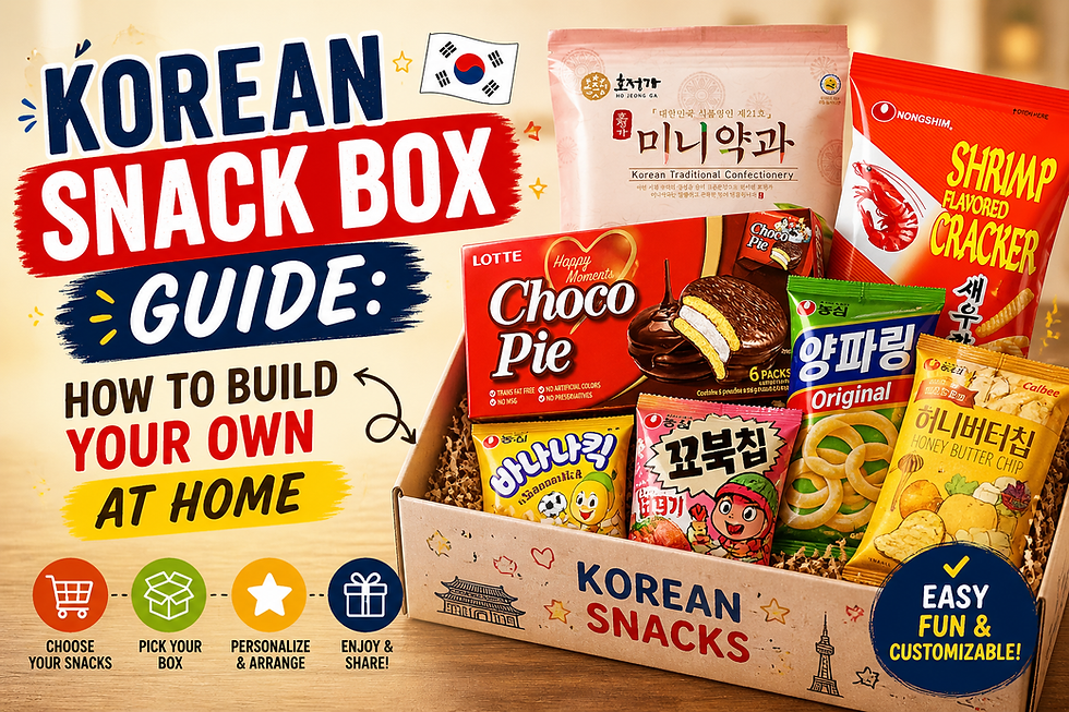 Premium Korean Snack Box Guide thumbnail showing a customizable snack box filled with Lotte Choco Pie, Nongshim Shrimp Flavored Cracker, HoJungGa Mini Yakgwa, and assorted Korean snacks with bold guide-style title text.