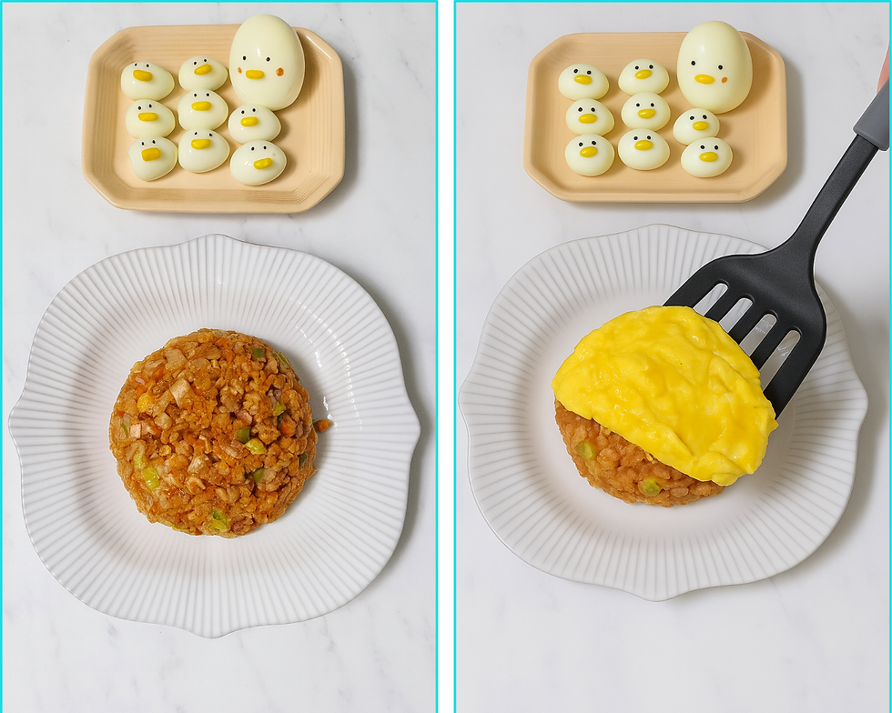 Plating (2-panel): Molded fried rice on plate beside prepared egg “chicks”; then omelette slid over the rice with a spatula.