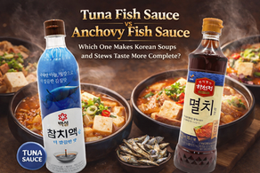 Thumbnail comparing tuna fish sauce and anchovy fish sauce for Korean soups and stews, featuring two sauce bottles, steaming stew bowls, and bold comparison text on a dark kitchen-style background.