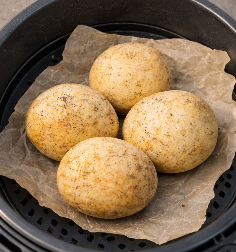 Korean potato bread rolls placed on parchment paper inside an air fryer basket before cooking.