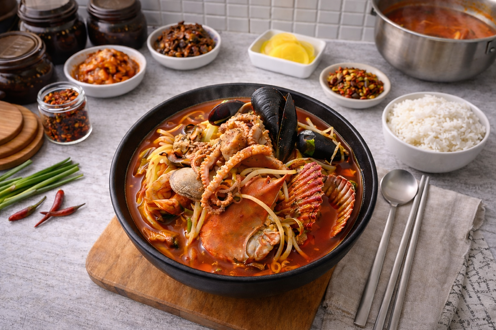 Finished Korean seafood jjamppong bowl loaded with crab, mussels, shellfish, octopus, and noodles