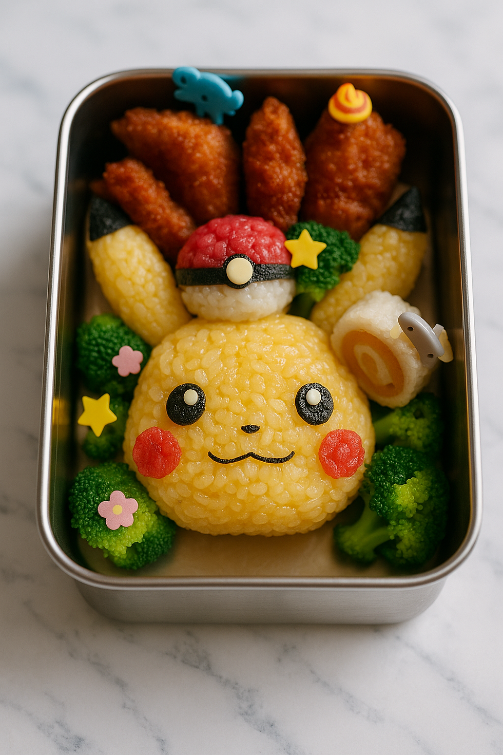 Pikachu bento box made with yellow rice balls shaped like Pikachu's face and ears, a Poké Ball rice topper, broccoli, fried chicken, and rolled egg slices, decorated with star and flower-shaped food accents in a metal lunch container on a marble surface.