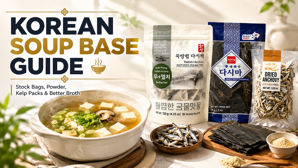Wide bright commercial thumbnail titled “Korean Soup Base Guide,” showing a steaming bowl of clear Korean broth with tofu, scallions, and mushrooms beside Korean soup base products, dried kelp sheets, dried anchovies, and stock powder. The design uses a clean sunlit kitchen background with premium grocery-style styling and a subtitle about stock bags, powder, kelp packs, and better broth.