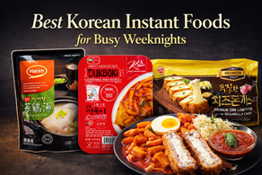 Best Korean instant foods for busy weeknights featuring chicken soup, spicy tteokbokki, and cheese pork cutlet meal