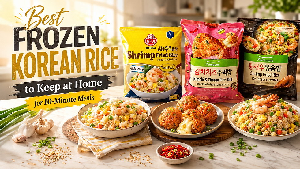 Bright frozen Korean rice thumbnail showing shrimp fried rice, kimchi cheese rice balls, and shrimp fried rice packages with plated rice dishes, scallions, garlic, red chili, and title text about 10-minute meals.