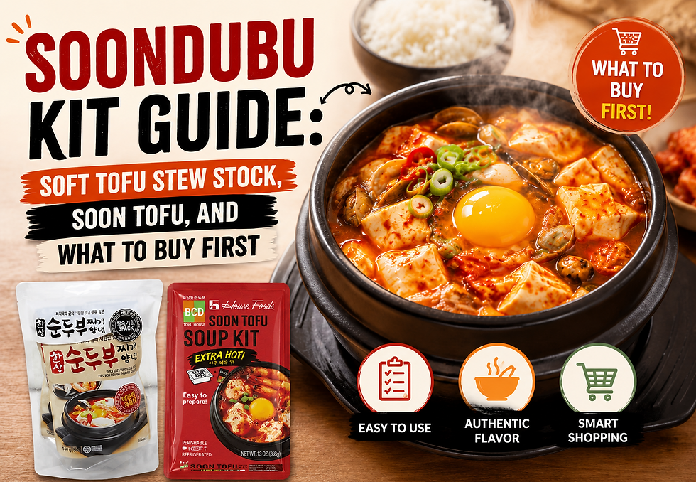 Soondubu Kit Guide thumbnail featuring a bubbling Korean soft tofu stew with egg yolk, tofu, seafood, and scallions, alongside two packaged soondubu soup kit products and bold buying guide text.